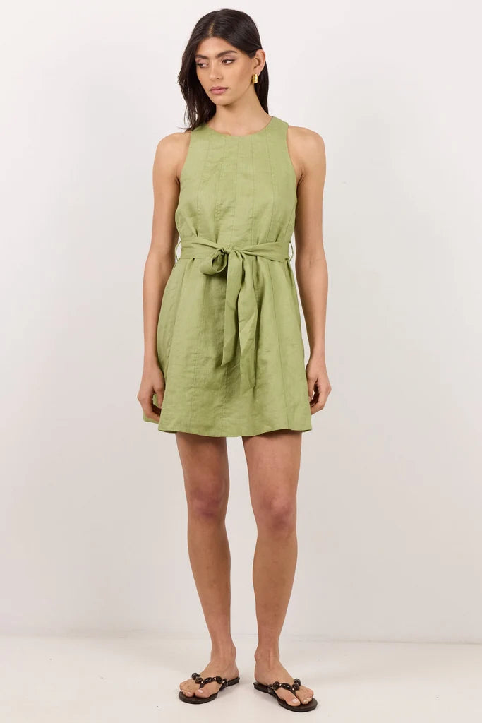 Composed Moss Panelled Linen Tie Sleeveless Mini Dress