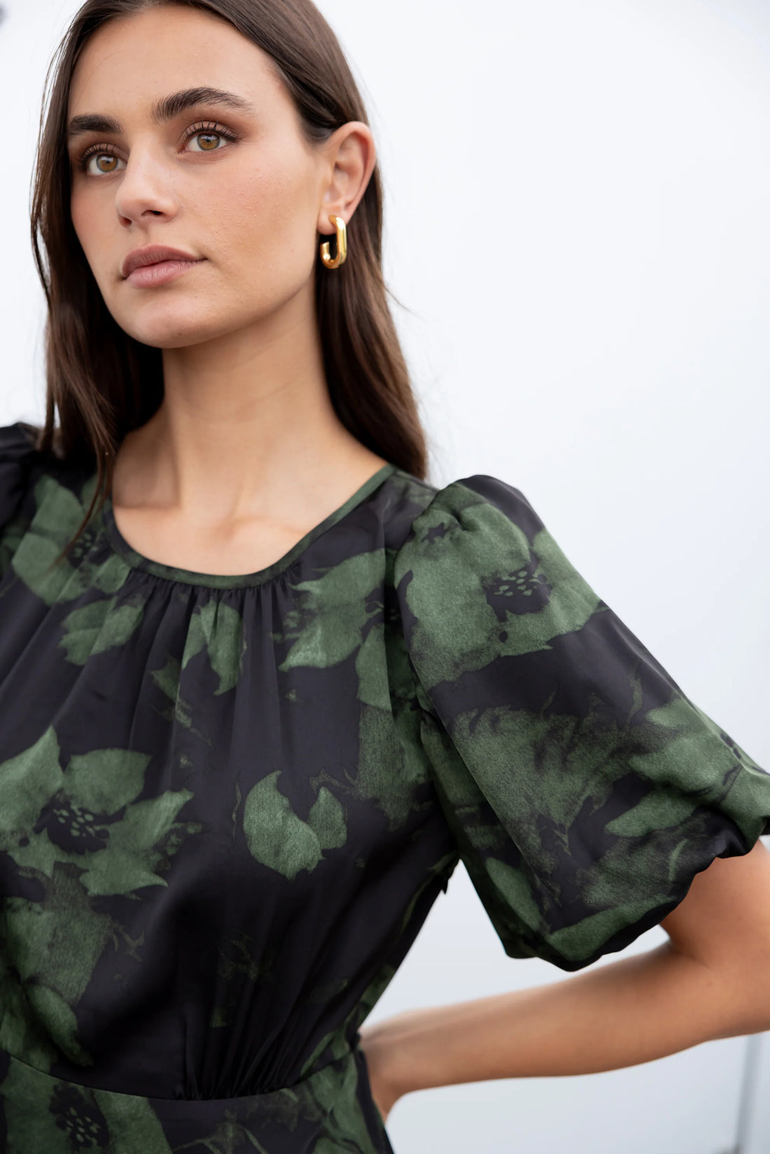 Stage Green Shadow Garden Satin Puff Sleeve Floaty Maxi Dress|Absolutely Boutique