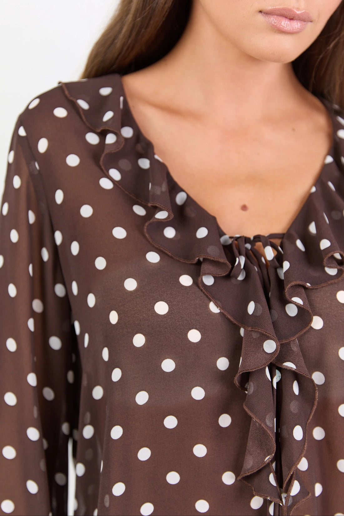 Bohemian Chocolate Polka Dot Sheer Frill Front Blouse