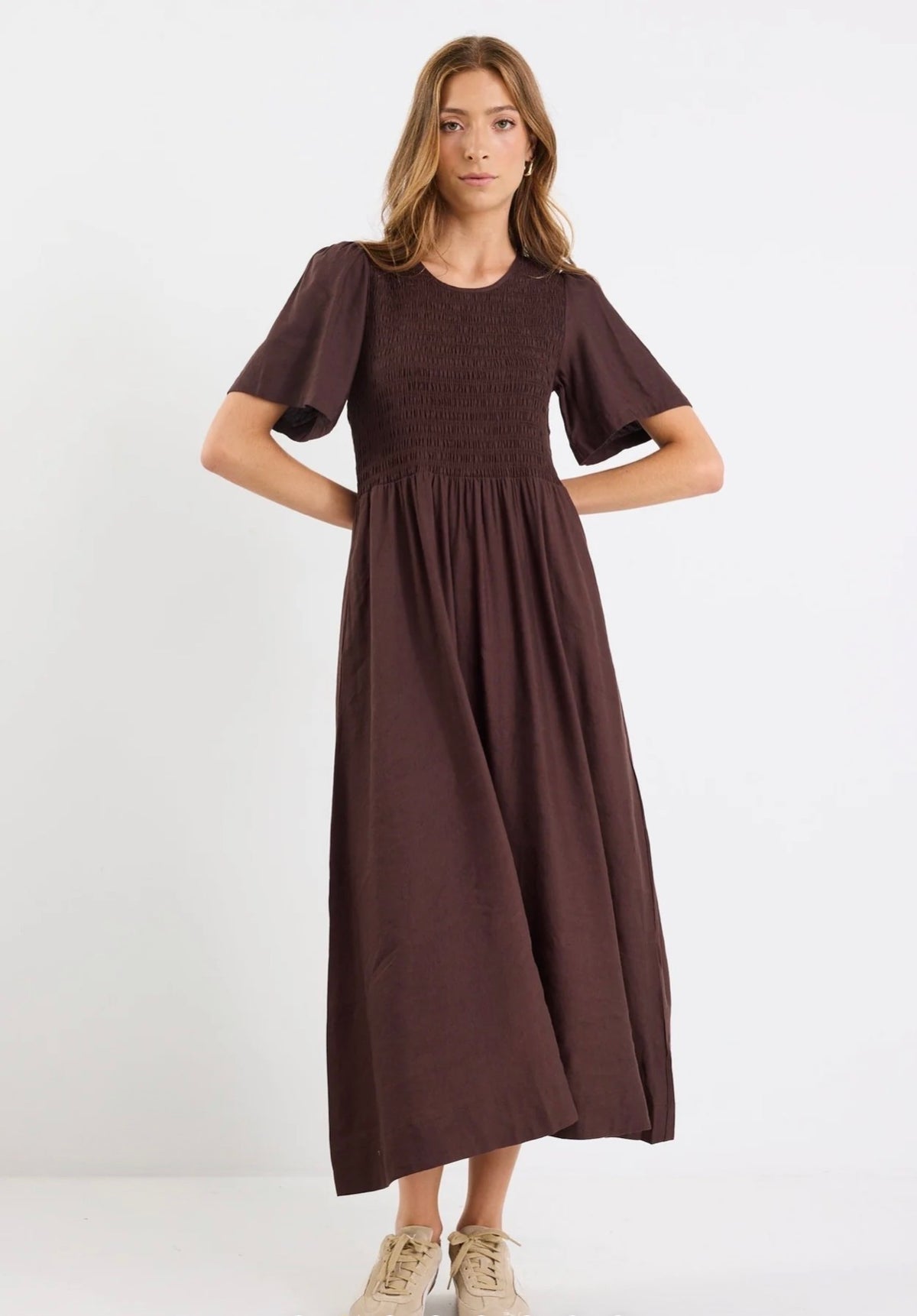 Wren Chocolate Linen Blend SS Shirred Bodice Midi Dress