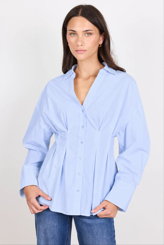 Timekeeper Ice Blue Cotton Poplin Corset Detail Waist Shirt