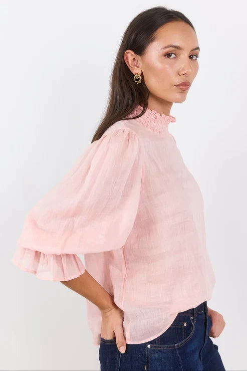 Occasion Pale Pink Shirred Neck Short Sleeve Top