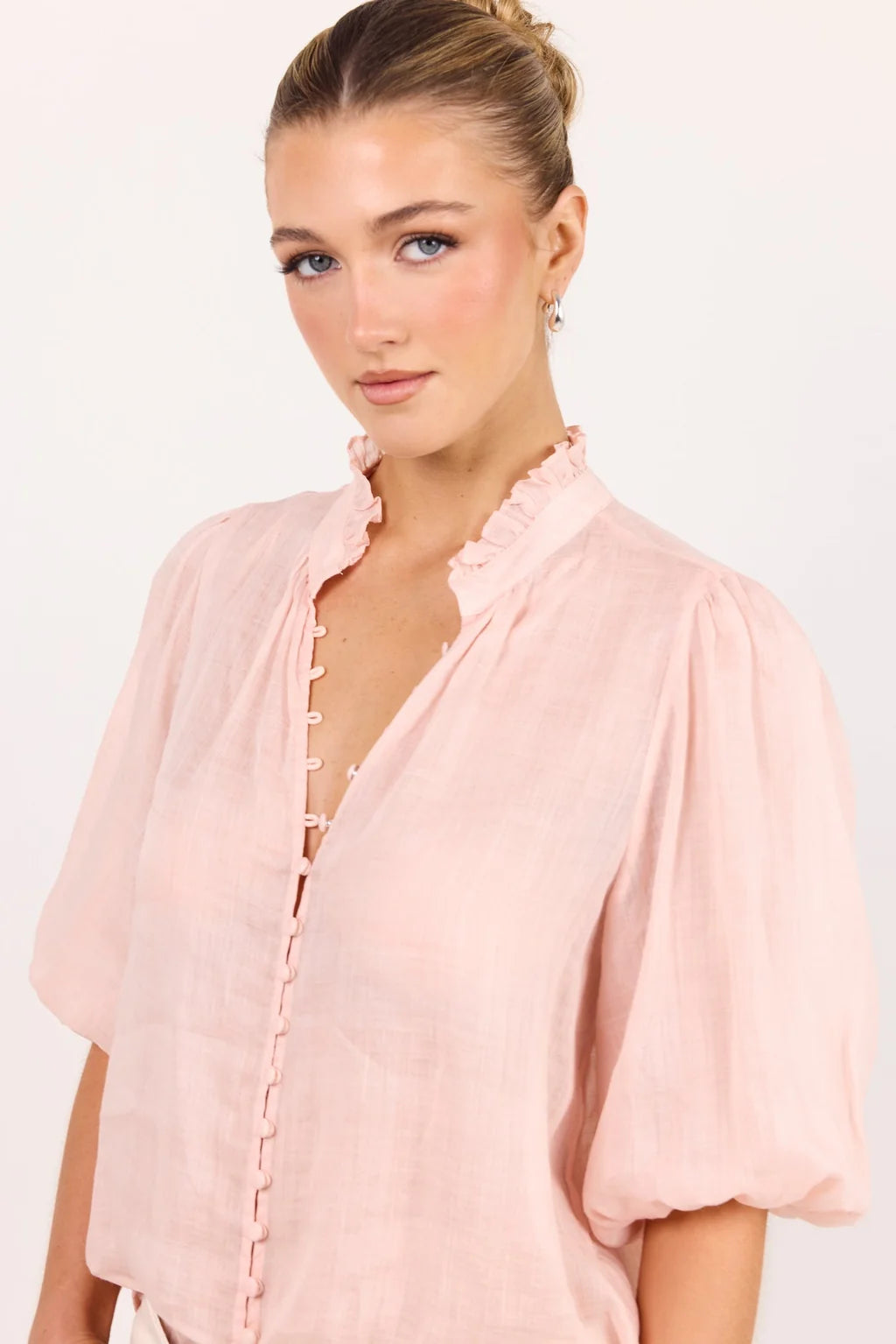Continuance Blush Ramie High Neck Buttoned SS Top