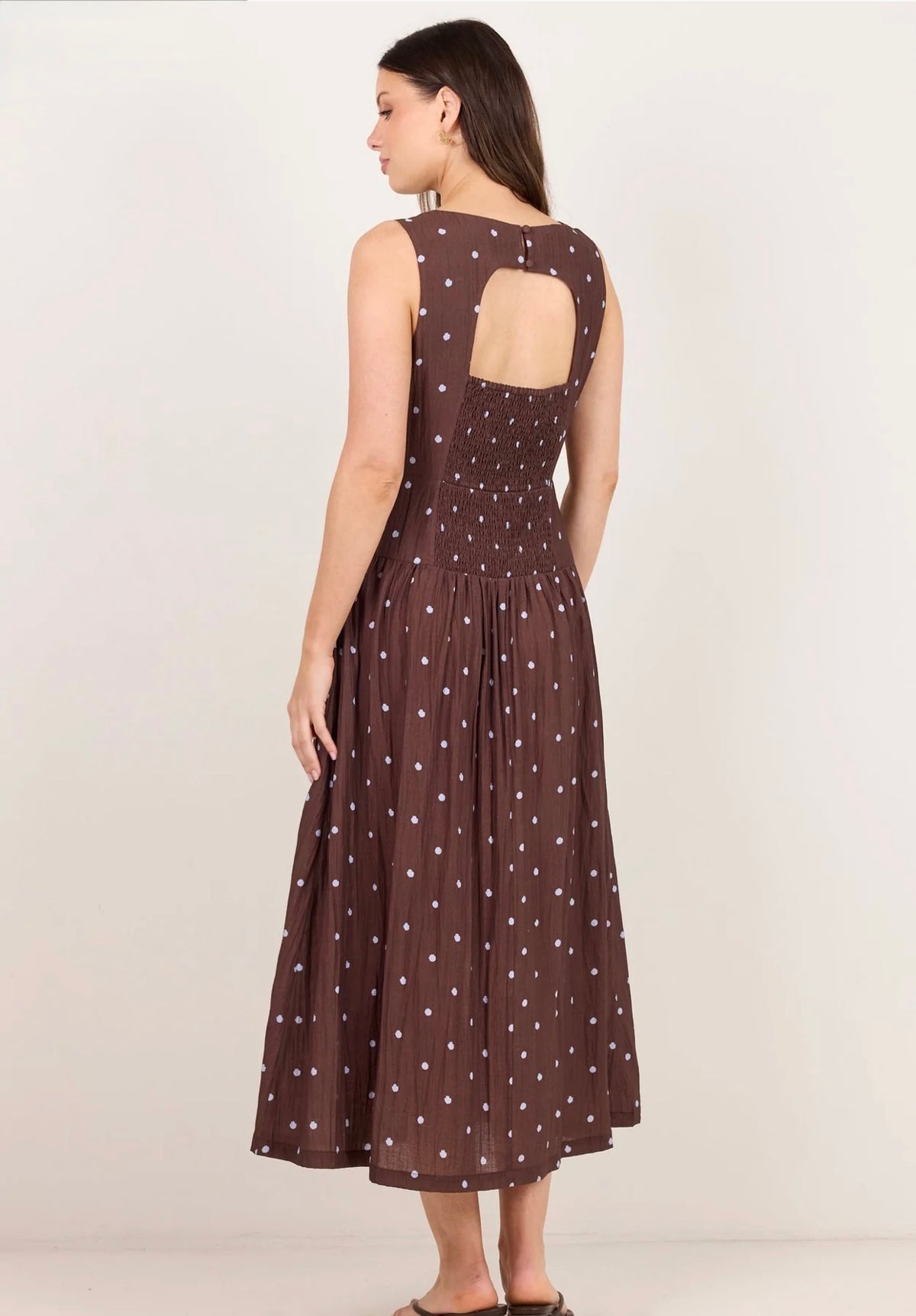 Mocha Blue Polka Dot Shirred Back Sleeveless Maxi Dress