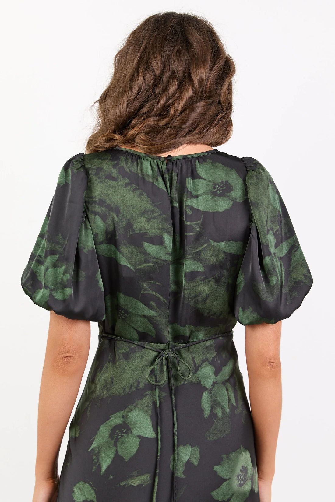 Stage Green Shadow Garden Satin Puff Sleeve Floaty Maxi Dress|Absolutely Boutique