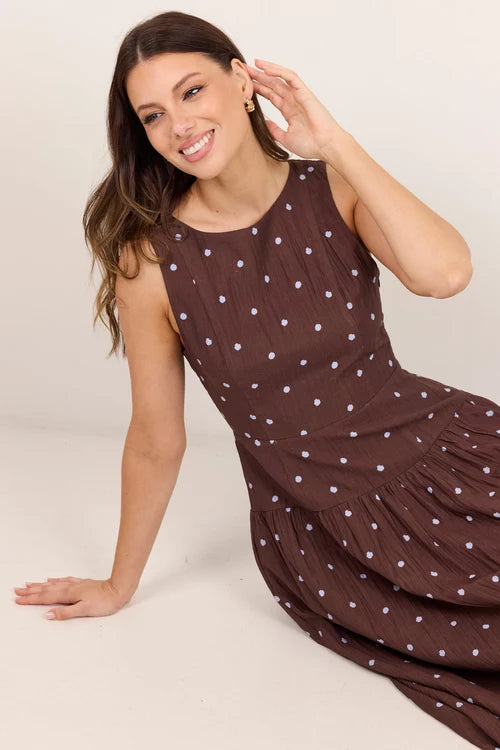 Mocha Blue Polka Dot Shirred Back Sleeveless Maxi Dress