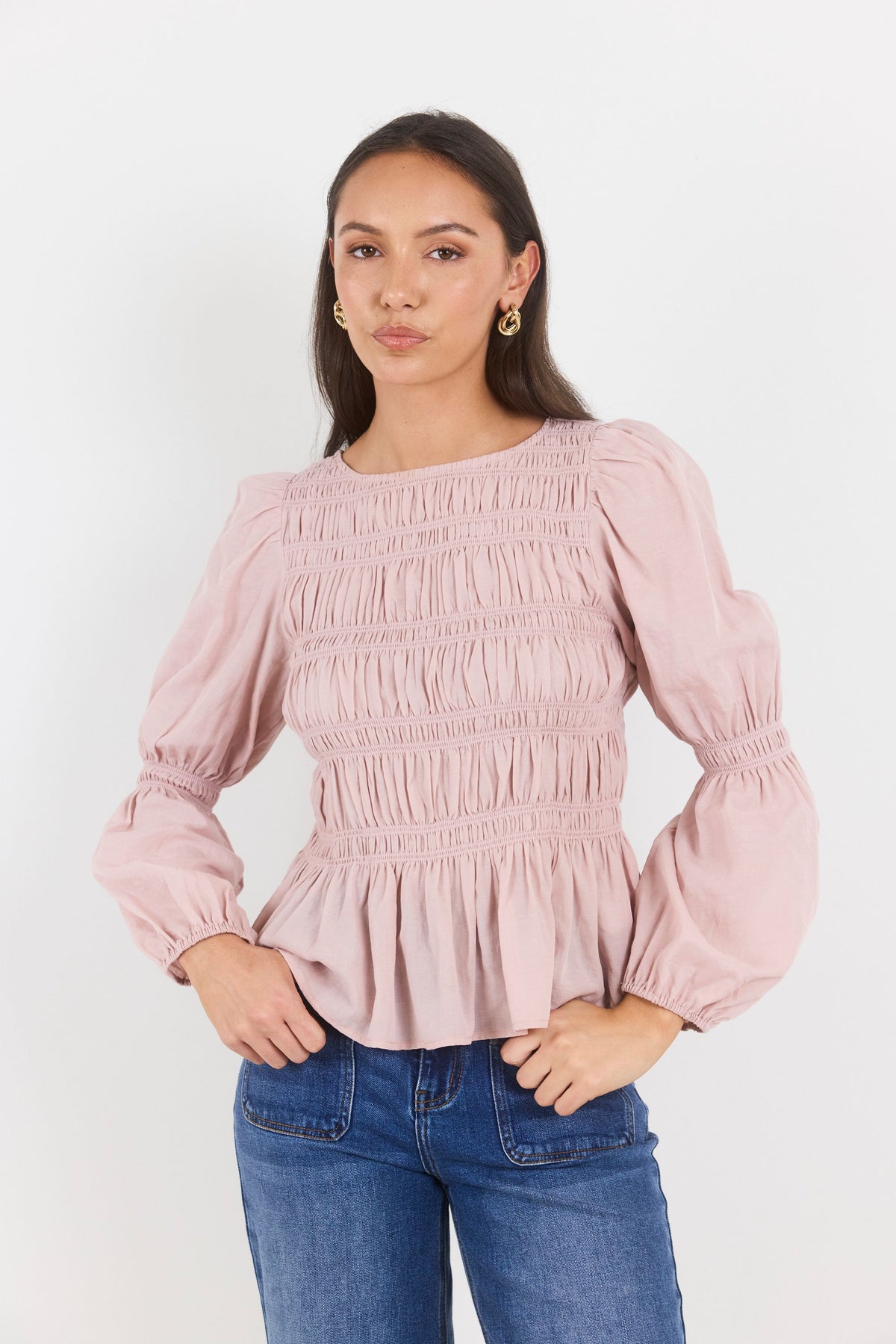 Required Blush Long Sleeve Shirred Bodice Top