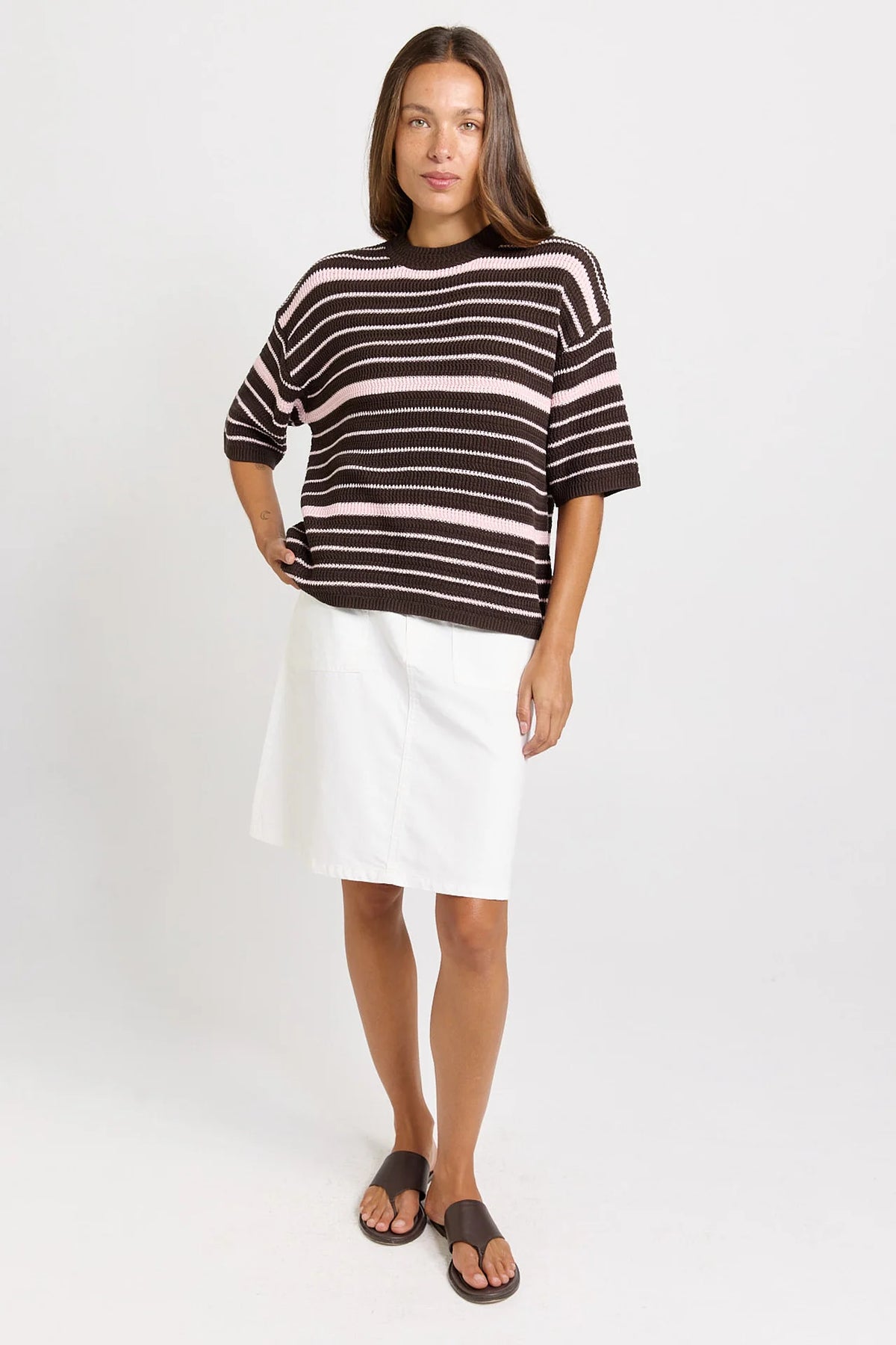 Dylan Knit Tee Chocolate/Pink Stripe