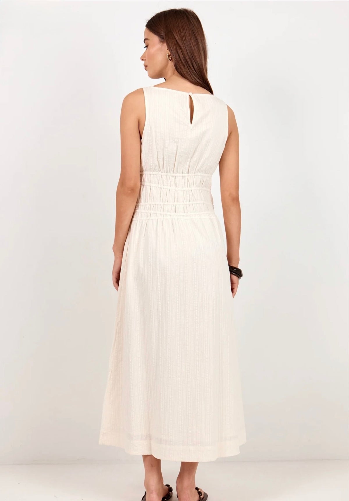 Lucent Cream Sleeveless Shirred Bodice Midi Dress