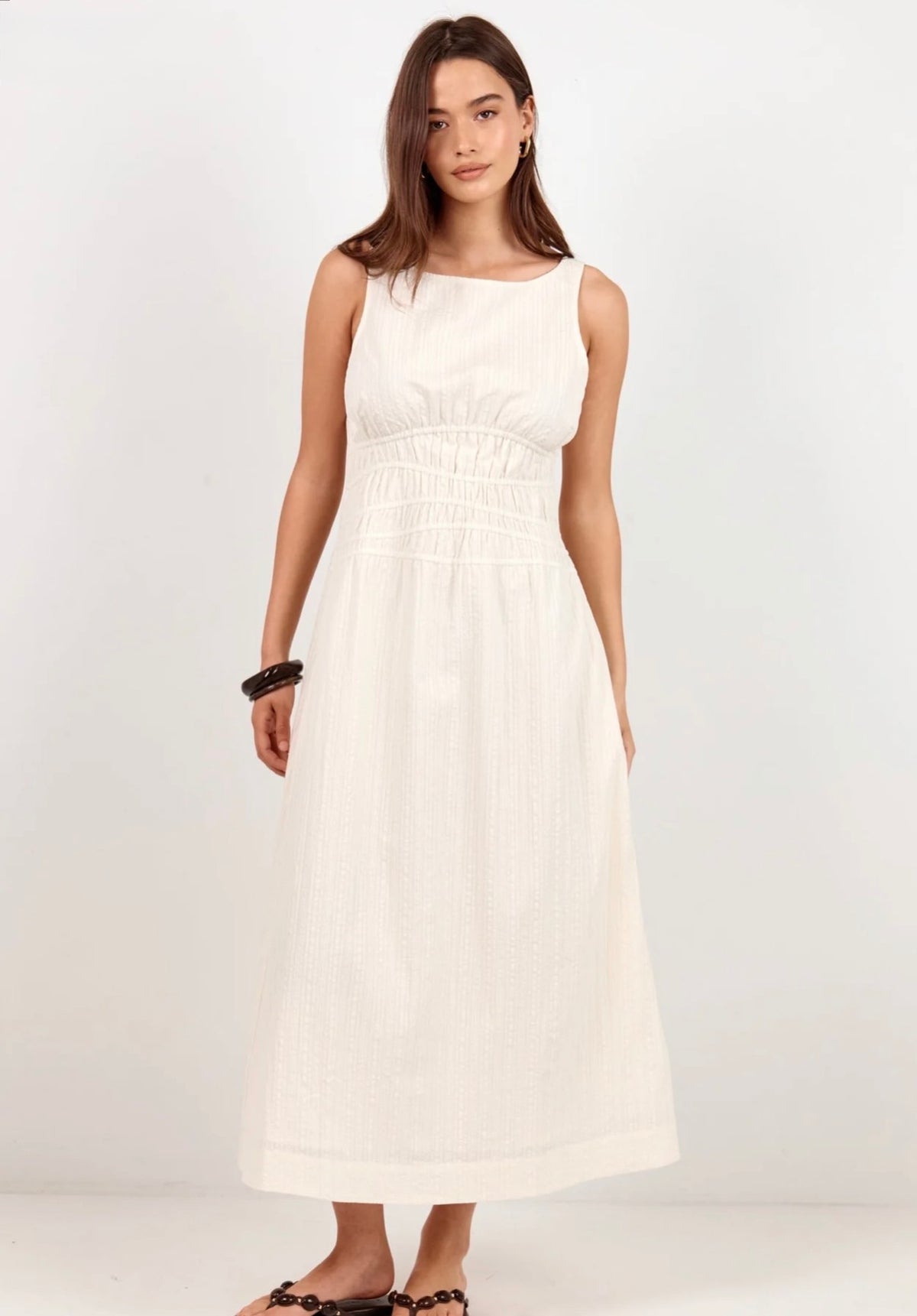 Lucent Cream Sleeveless Shirred Bodice Midi Dress