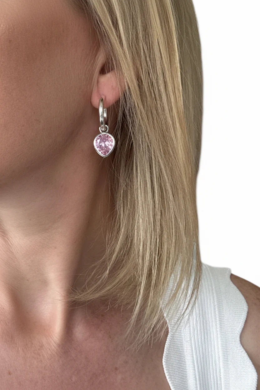 Rose Pink Dewdrop Hoops Silver