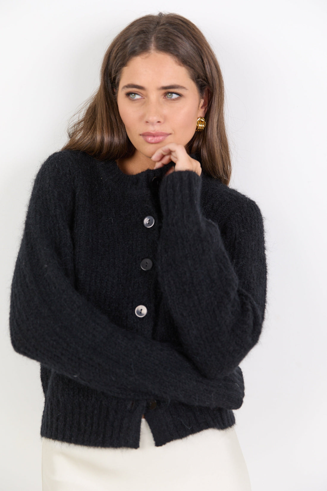 Highlight Black Mohair Blend Crewneck Cardigan