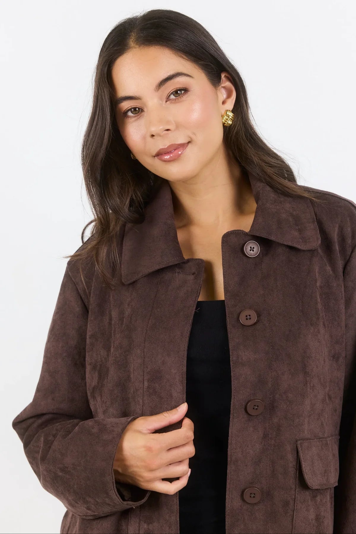 Exhibit Chocolate Faux Suede Button Front Cropped Jacket