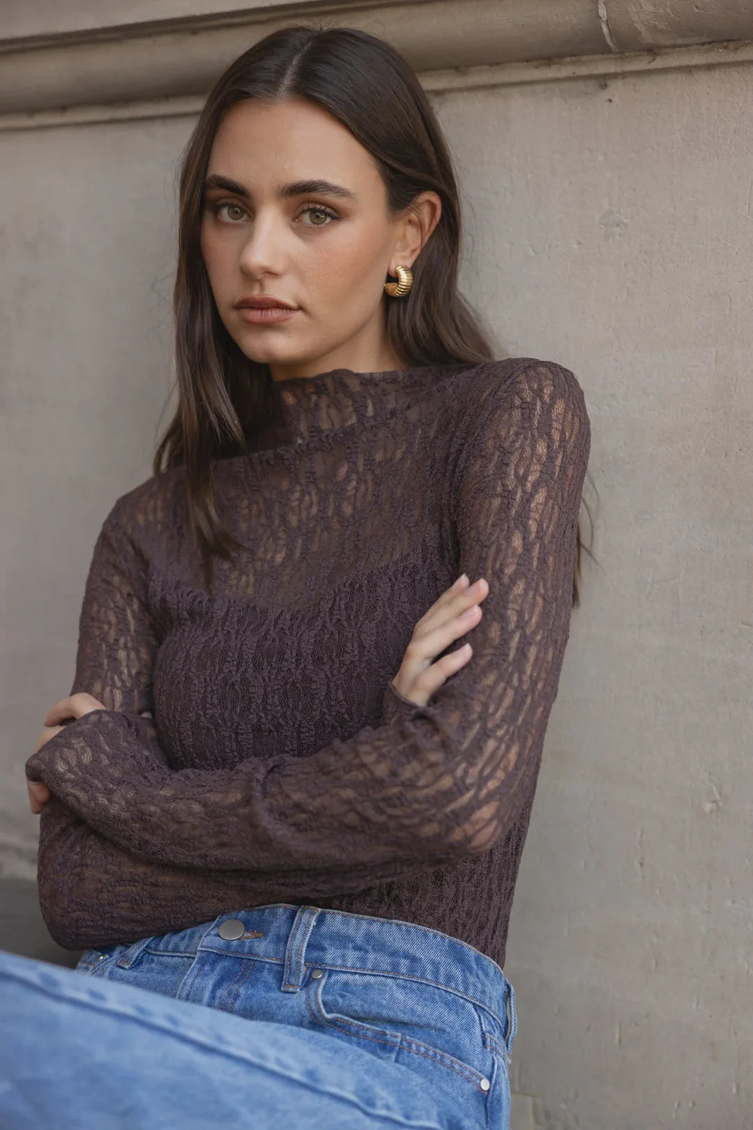 Giving Lace Long Sleeve Top Chocolate