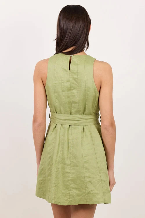 Composed Moss Panelled Linen Tie Sleeveless Mini Dress