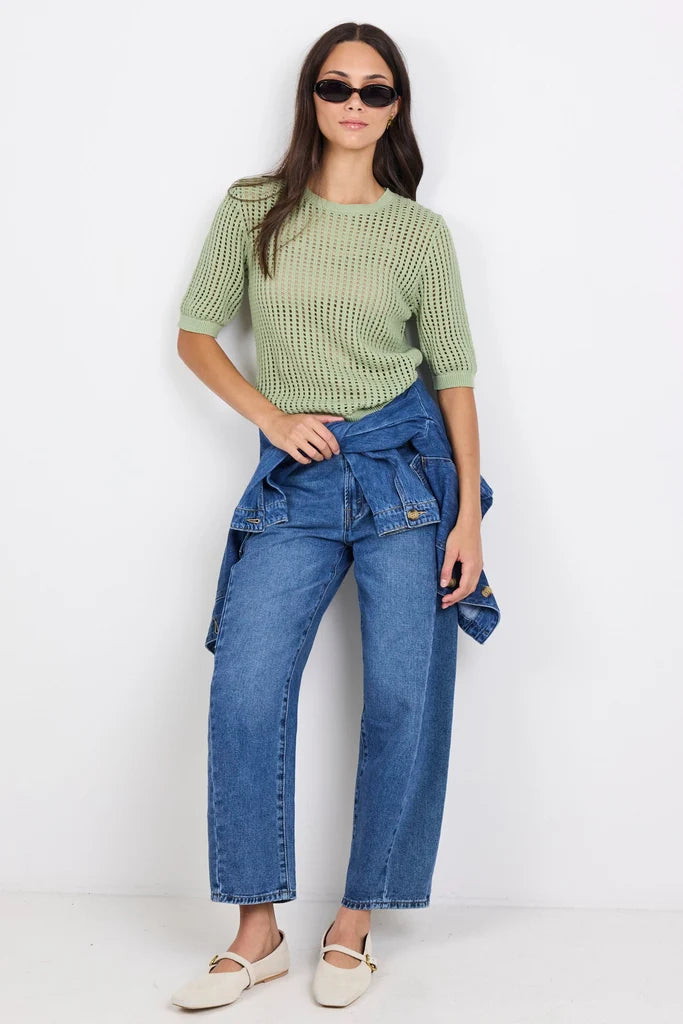 Freckle Sage Pointelle Short Sleeve Knit Top