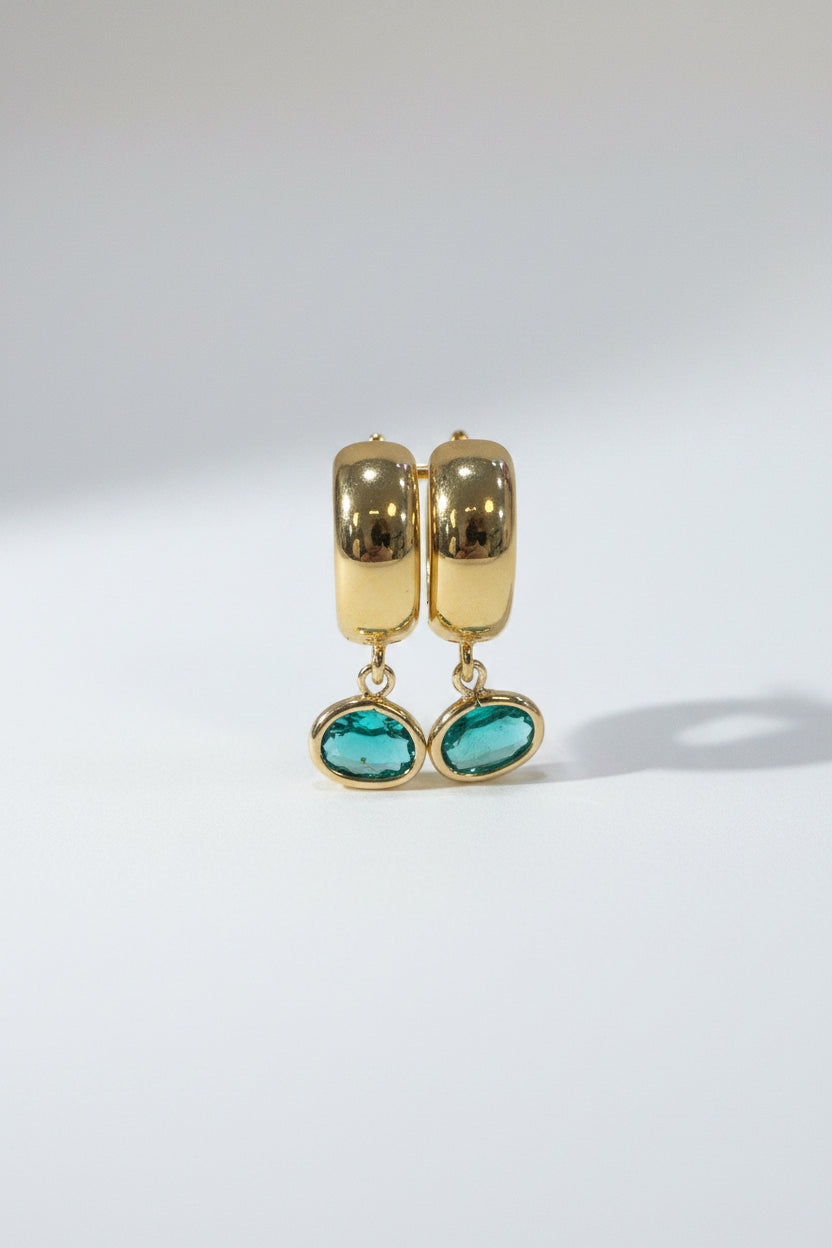 Green  Oval Jewels on Gold Huggies