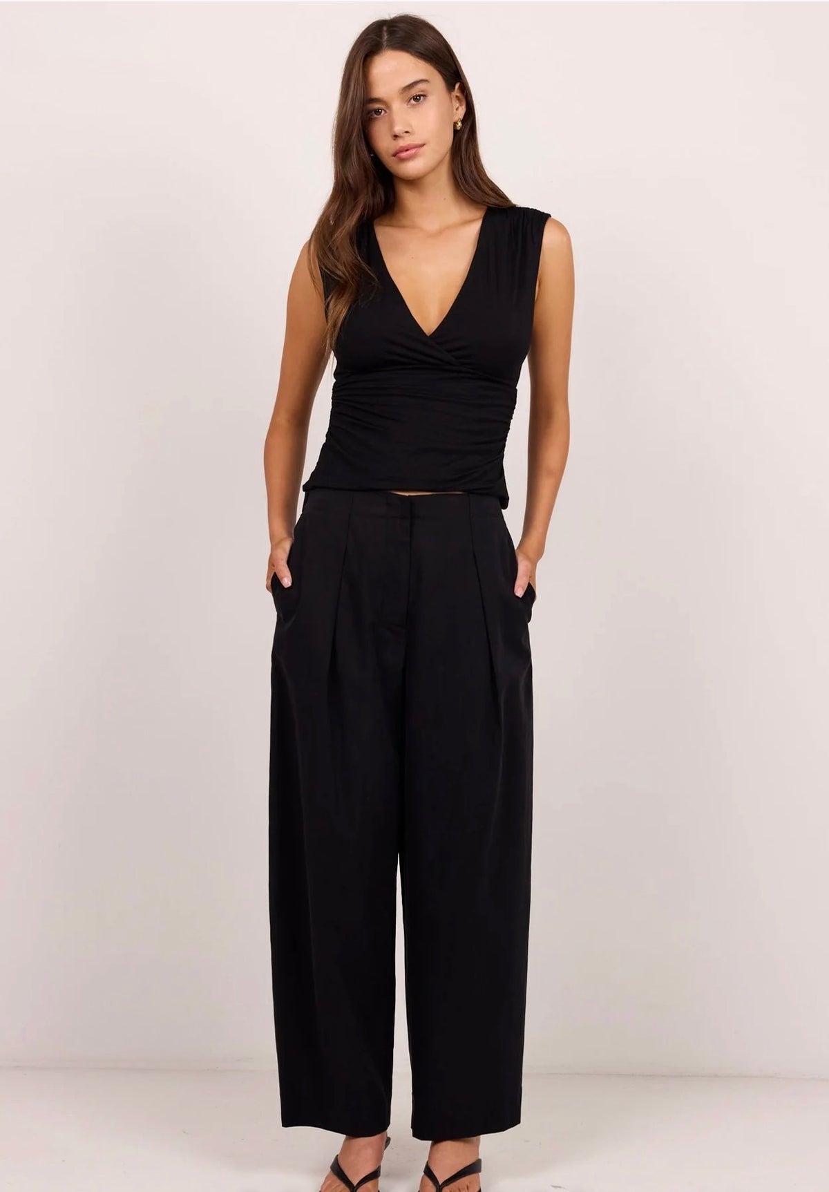 Manifesto Black Front Pleat Barrel Leg Pants