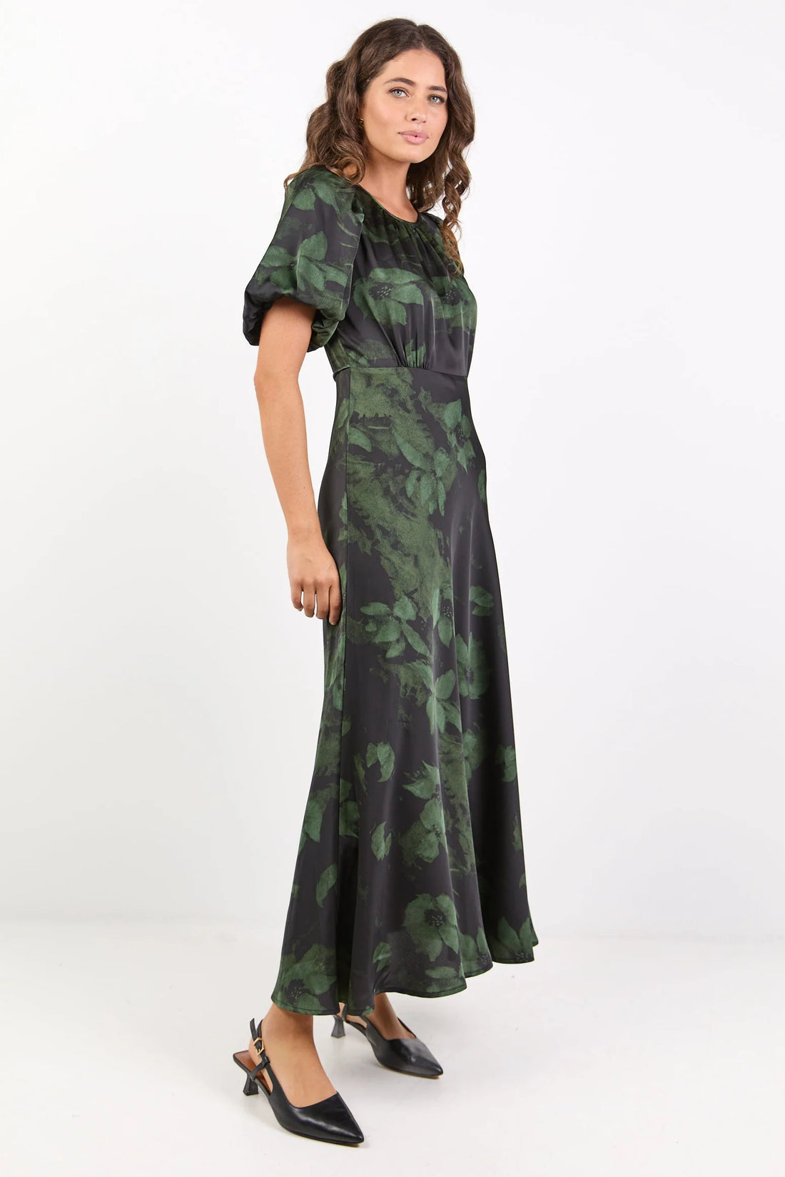 Stage Green Shadow Garden Satin Puff Sleeve Floaty Maxi Dress|Absolutely Boutique