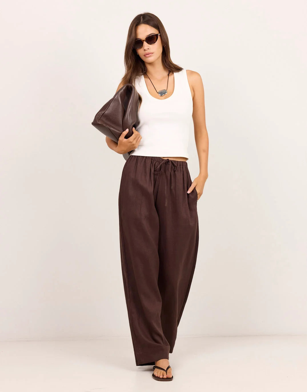 Wellness Dark Chocolate Linen Pull On Wide Leg Pants