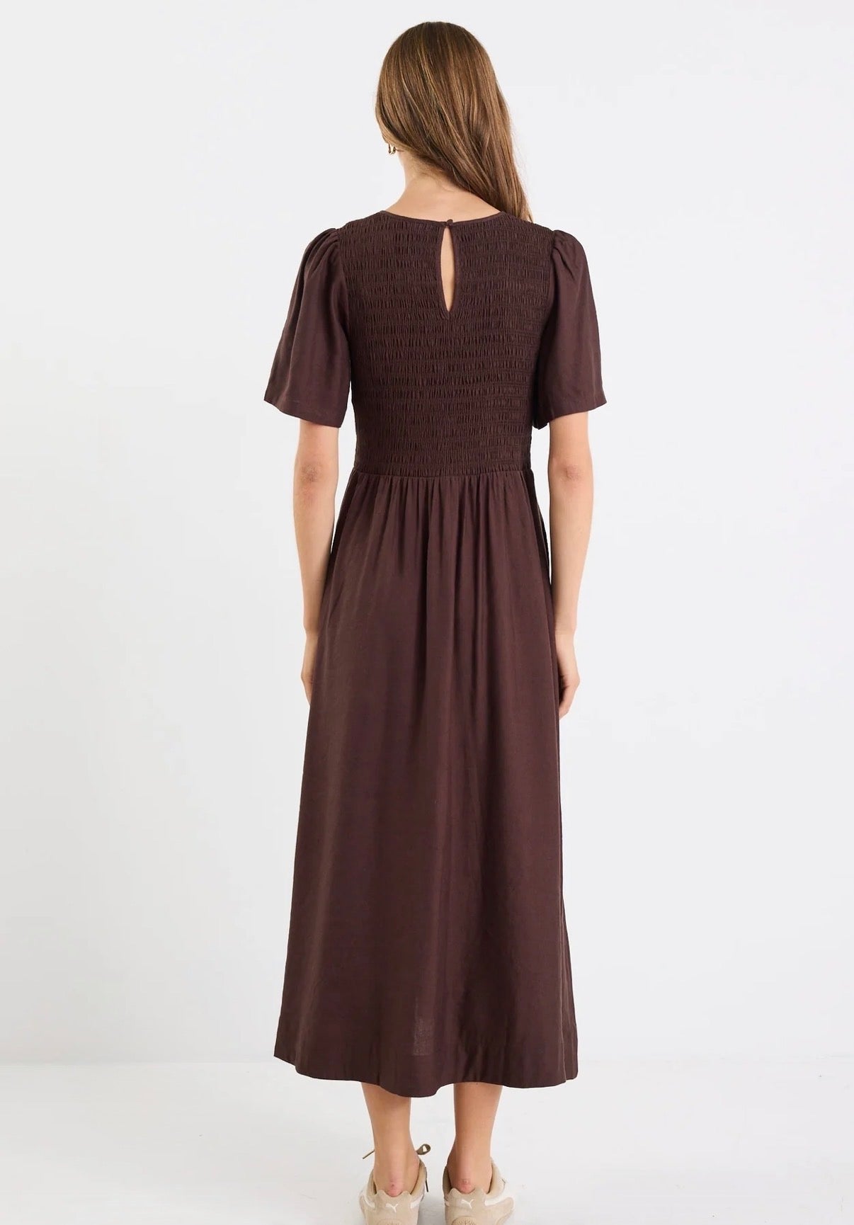 Wren Chocolate Linen Blend SS Shirred Bodice Midi Dress