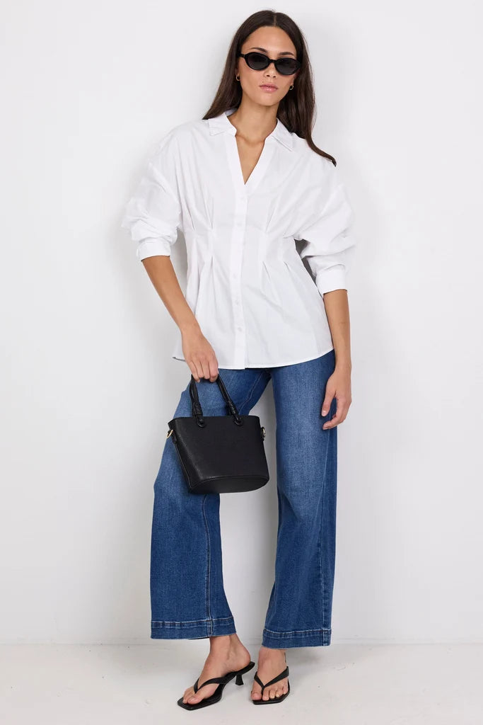 Timekeeper White Cotton Poplin Corset Detail Waist Shirt