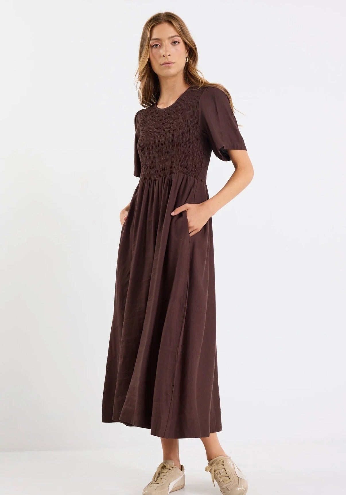 Wren Chocolate Linen Blend SS Shirred Bodice Midi Dress