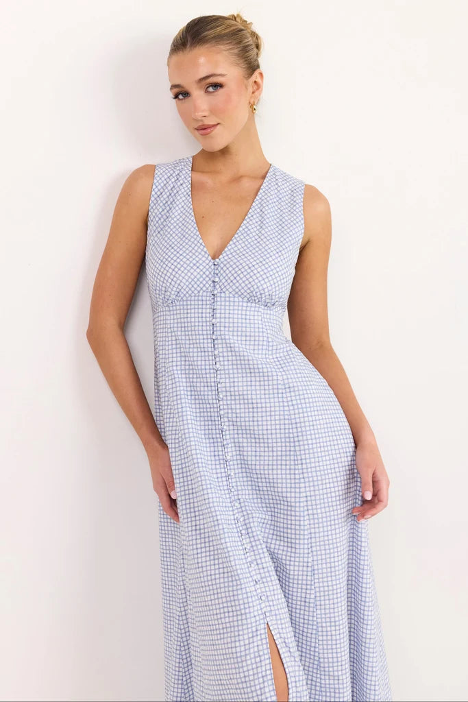 Cardinal Blue Mini Gingham Sleeveless Button Front Maxi Dress