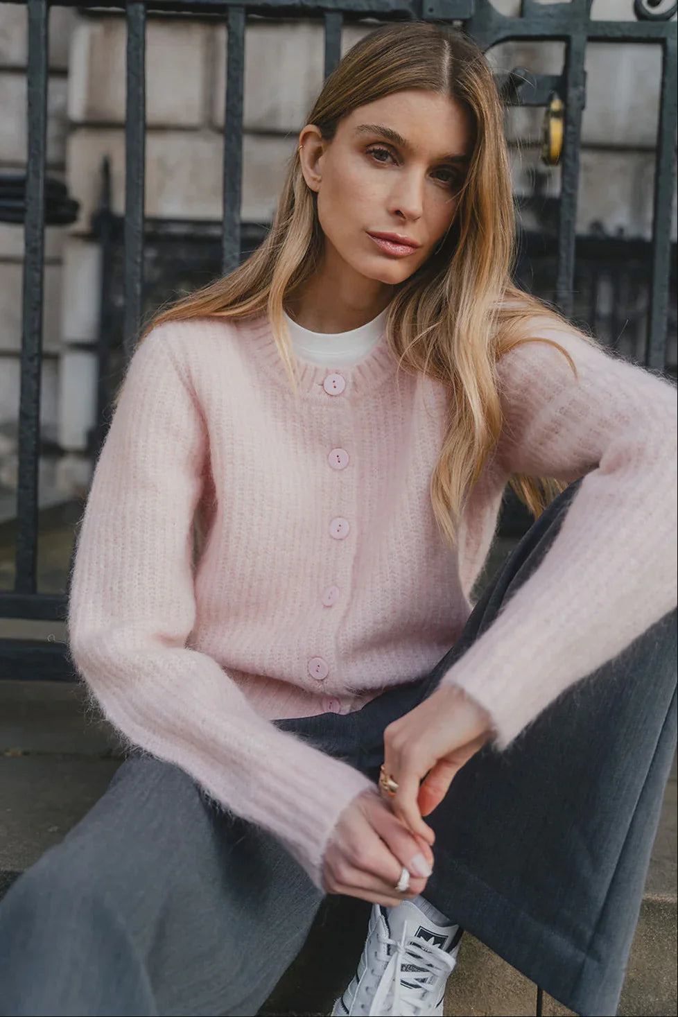 Highlight Blush Mohair Blend Crewneck Cardigan