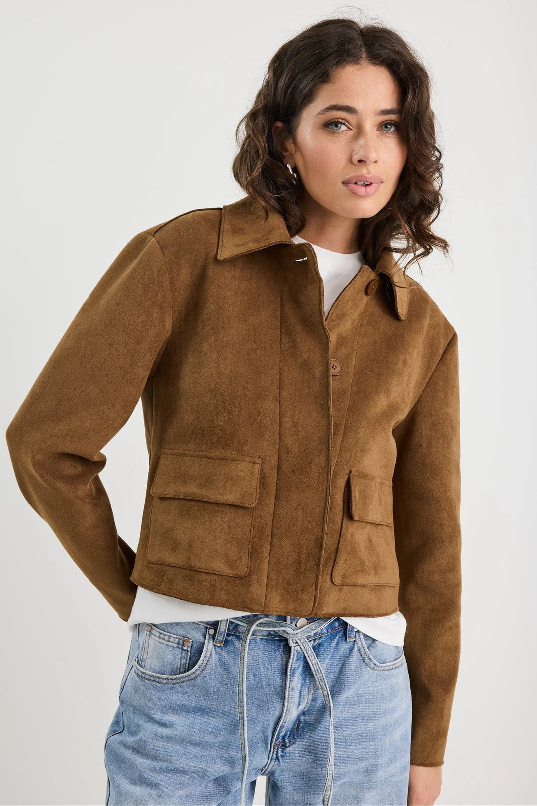 Exhibit Cinnamon Faux Suede Button Front Cropped Jacket