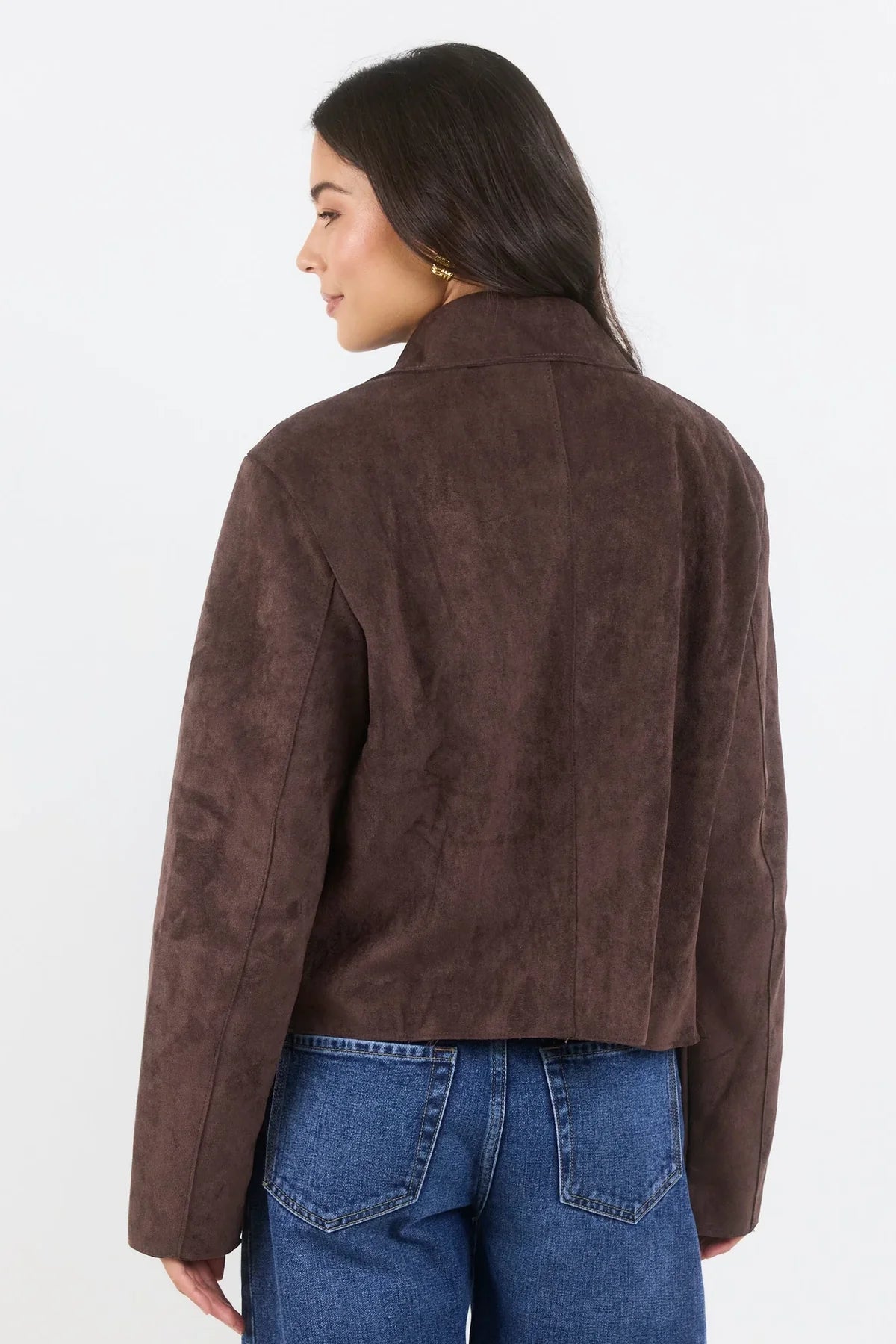 Exhibit Chocolate Faux Suede Button Front Cropped Jacket