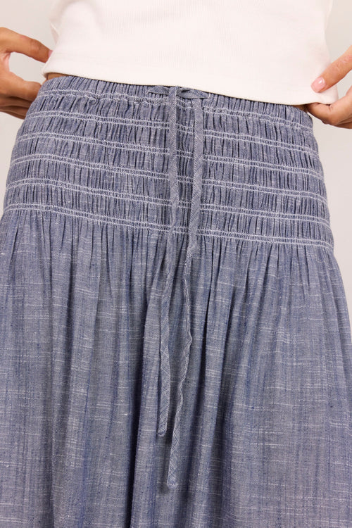 Byron Light Blue Chambray Shirred Waist Maxi Skirt