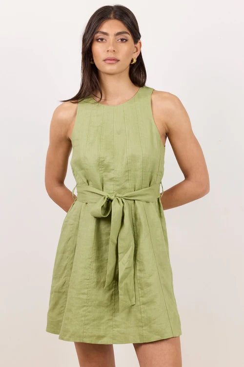 Composed Moss Panelled Linen Tie Sleeveless Mini Dress