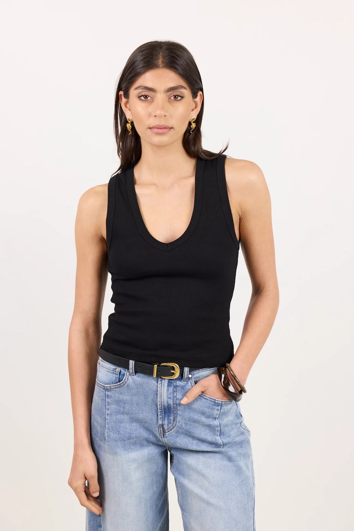 Vale Black V Neck Rib Tank