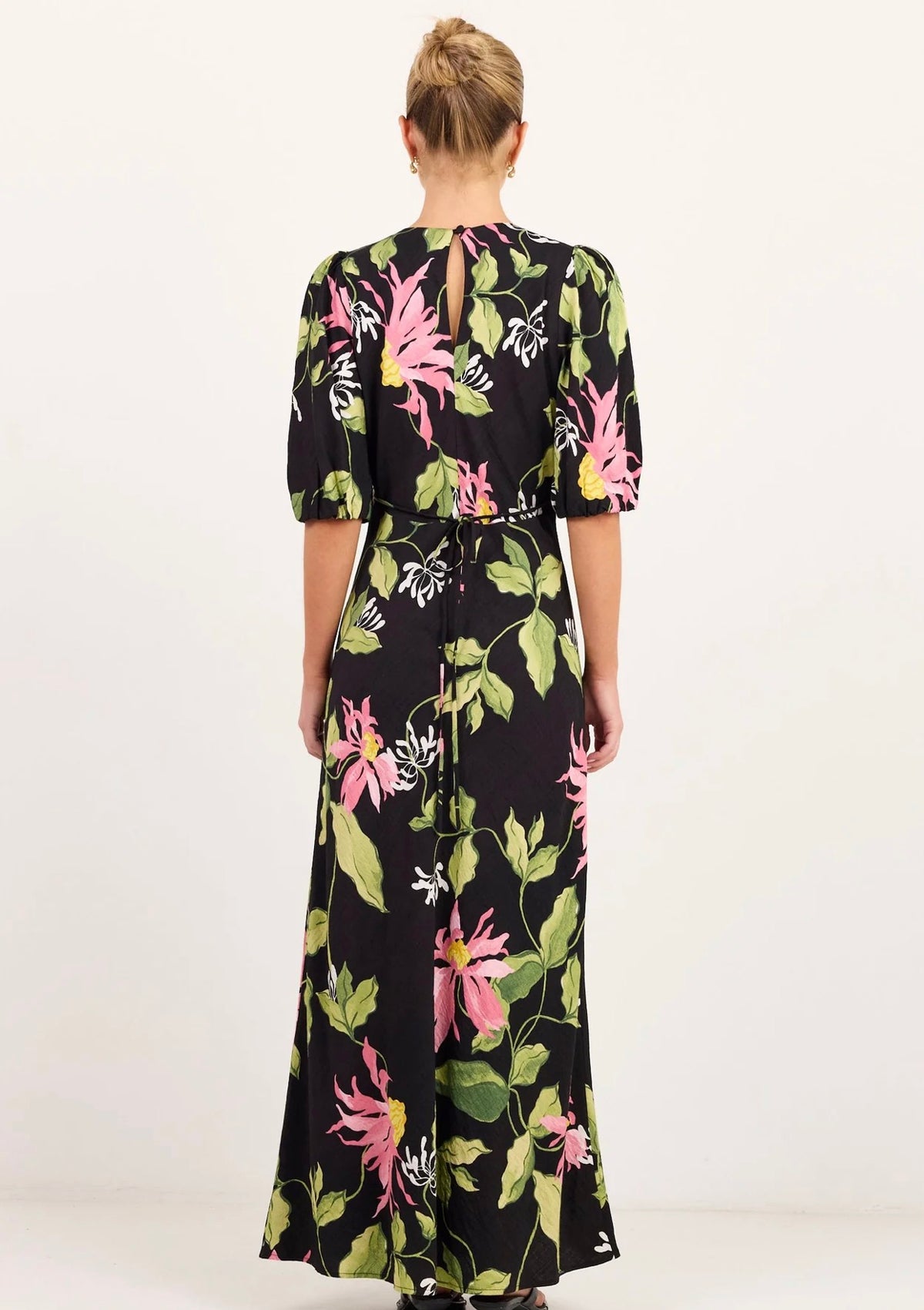 Amora Black Blush Floral SS Bias Maxi Dress