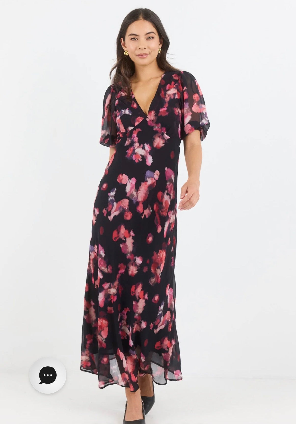 Noble Black Pink Abstract Print V Neck Puff Sleeve Midi Dress