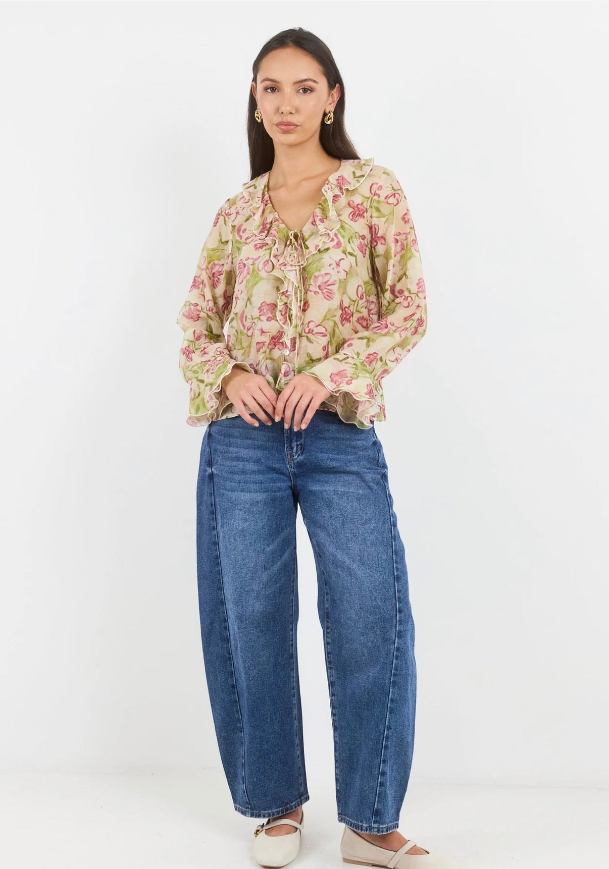 Bohemian Cream Blush Floral Sheer Frill Front Blouse