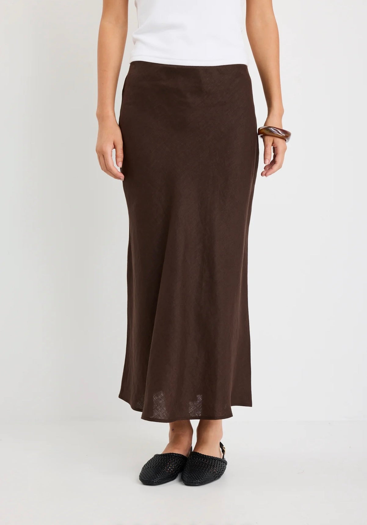 Bliss Dark Chocolate Linen Bias Midi Skirt