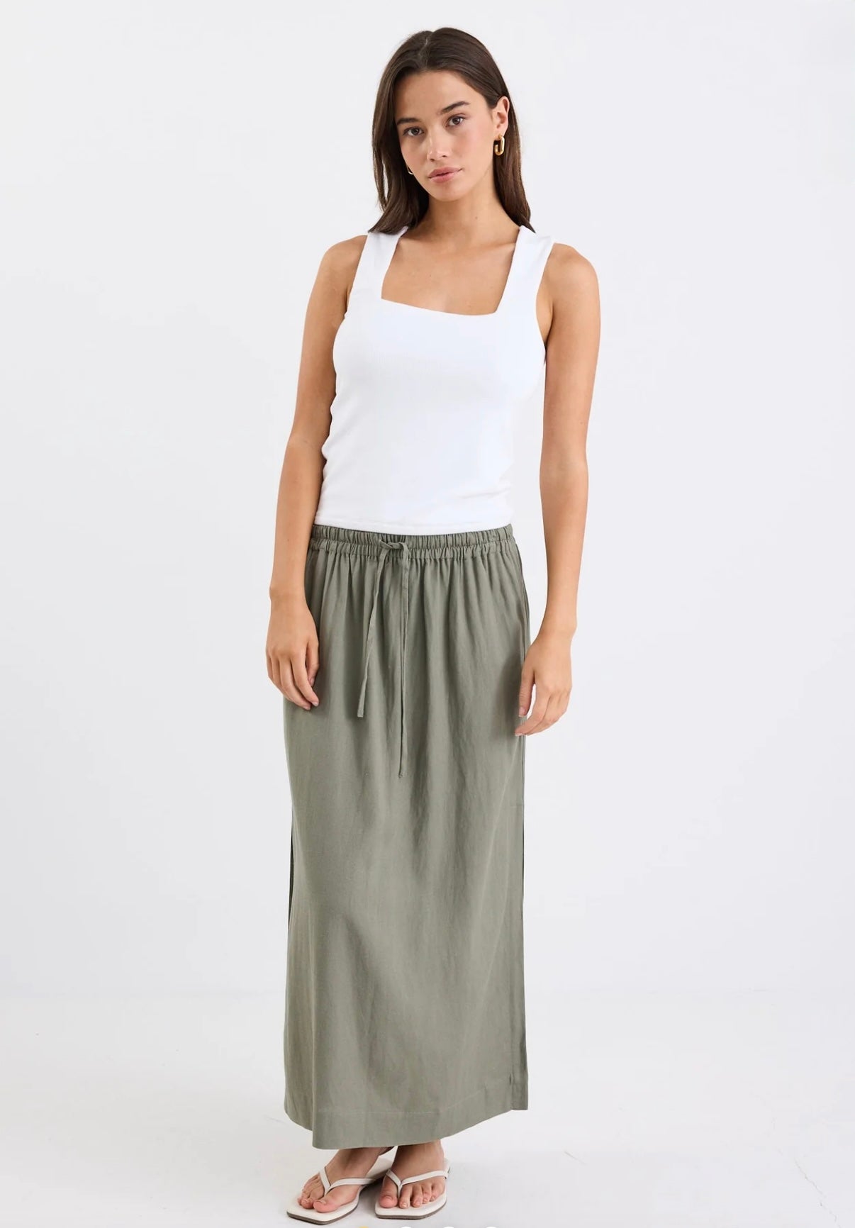 Notion Khaki Viscose Blend Tie Waist Side Split Midi Skirt