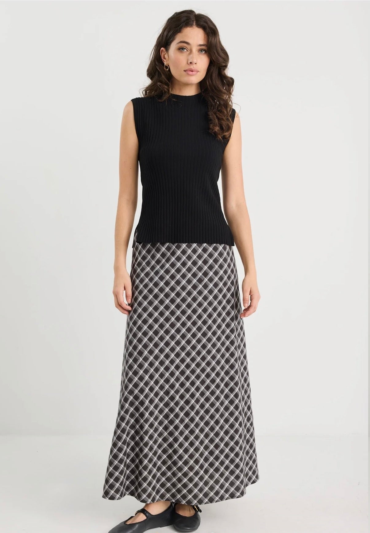 Soulmate Black White Check Bias Cut Midi Skirt