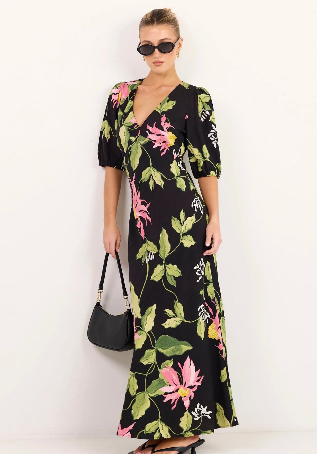 Amora Black Blush Floral SS Bias Maxi Dress