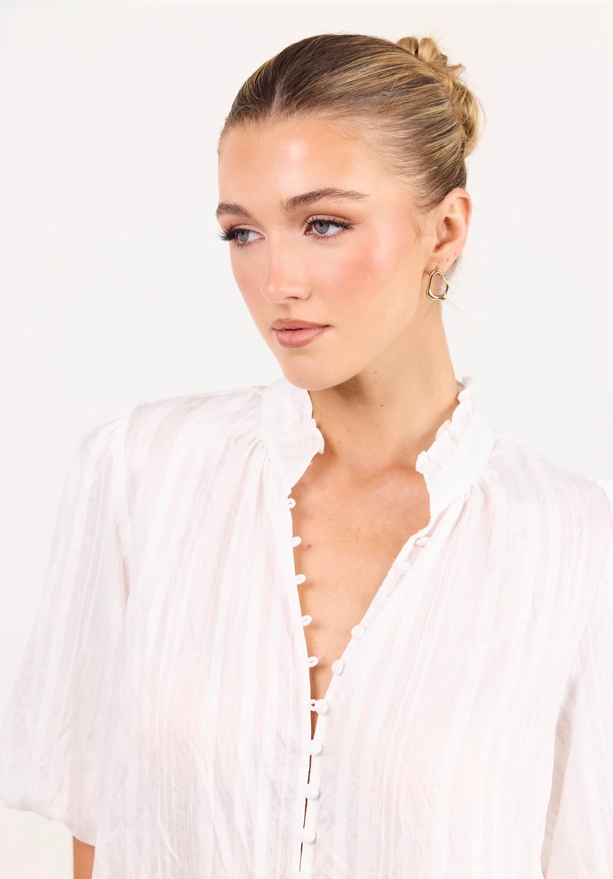 Continuance Ivory Self Stripe Button Through Mid Sleeve Top