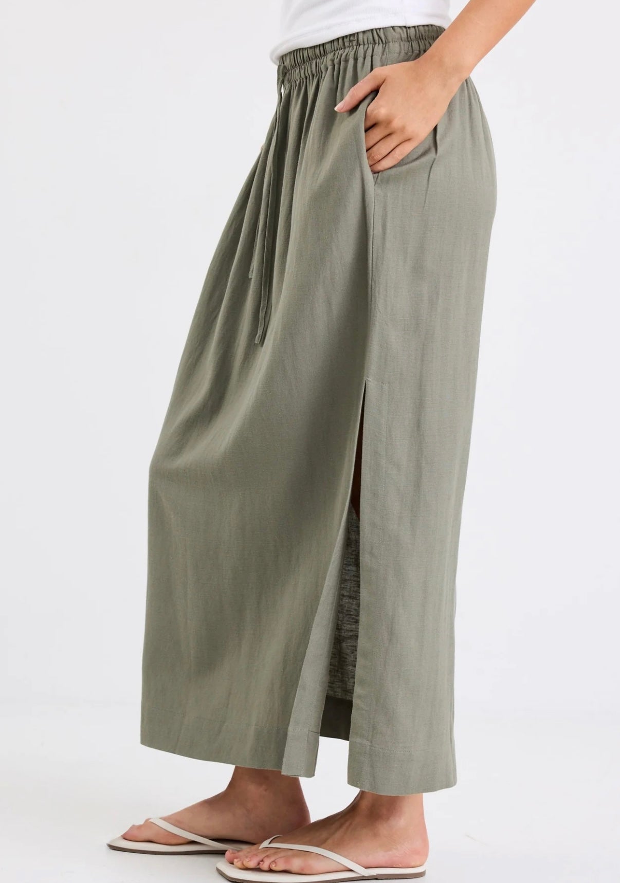 Notion Khaki Viscose Blend Tie Waist Side Split Midi Skirt