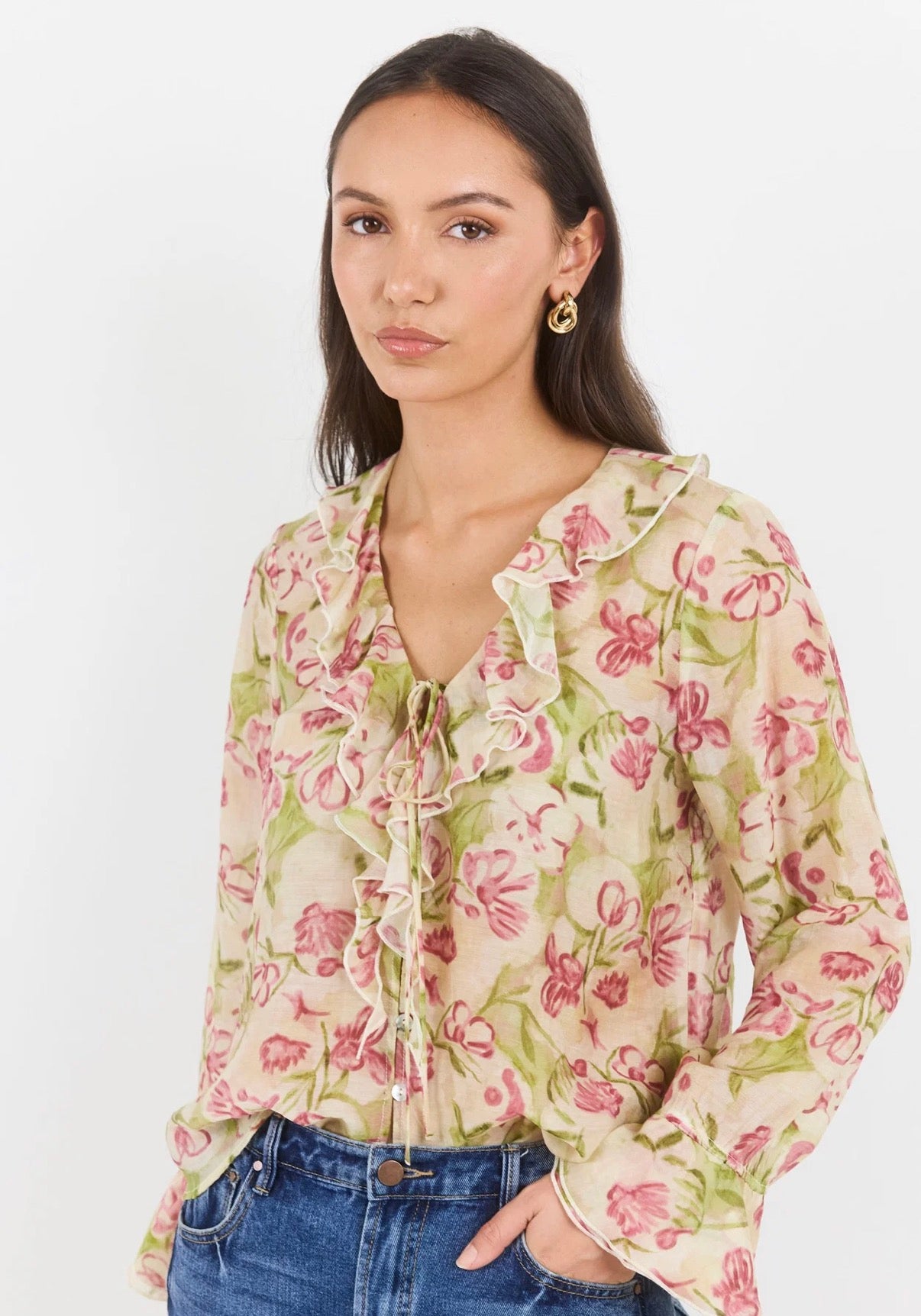 Bohemian Cream Blush Floral Sheer Frill Front Blouse