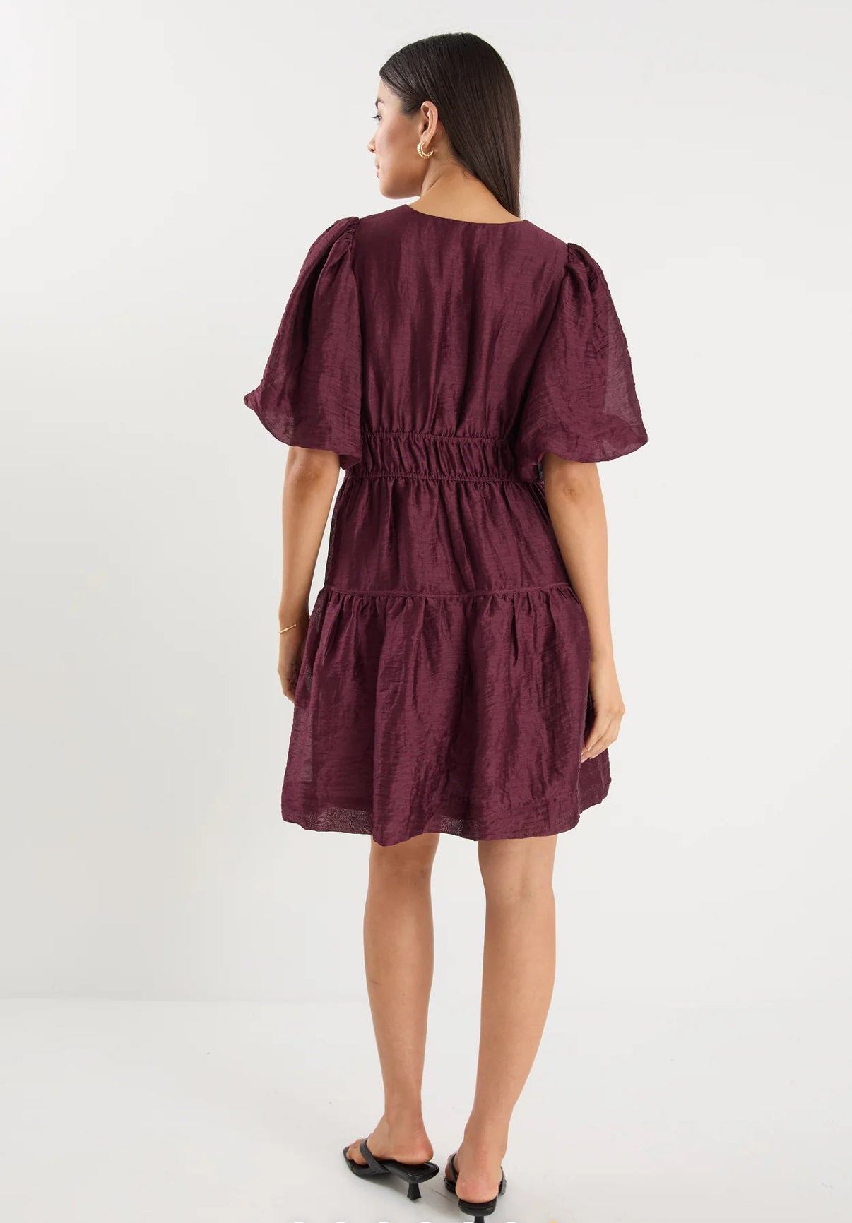 Axel Burgundy Plum Puff Sleeve V Neck Mini Dress