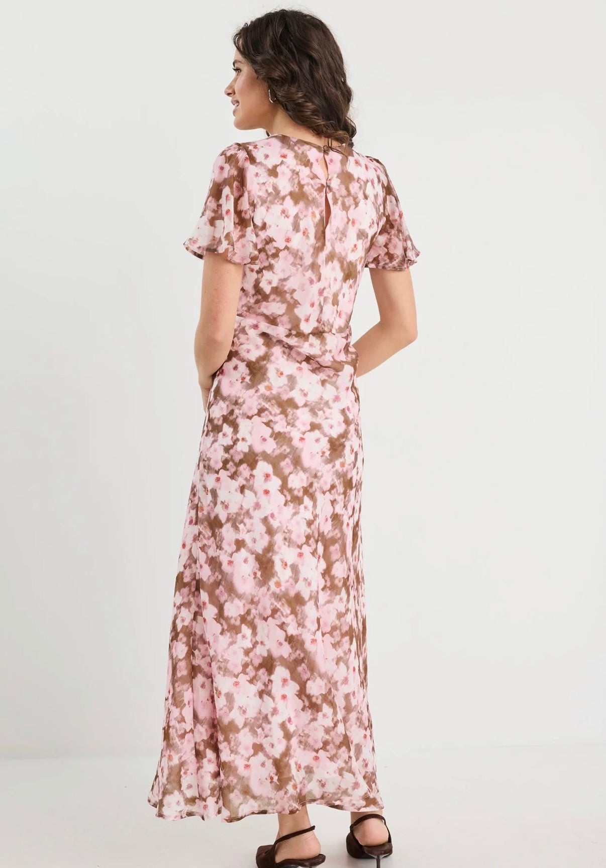 Among The Brave Chariot Blush Chocolate Floral Bias Flared Maxi Dress