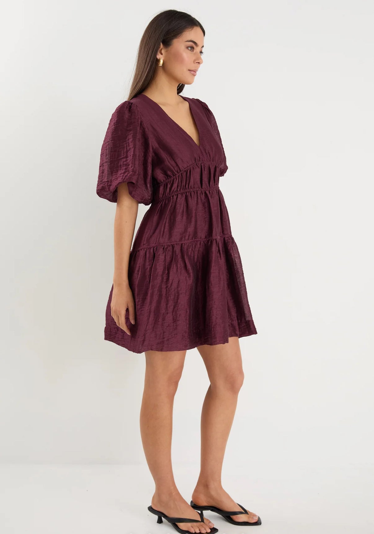 Axel Burgundy Plum Puff Sleeve V Neck Mini Dress