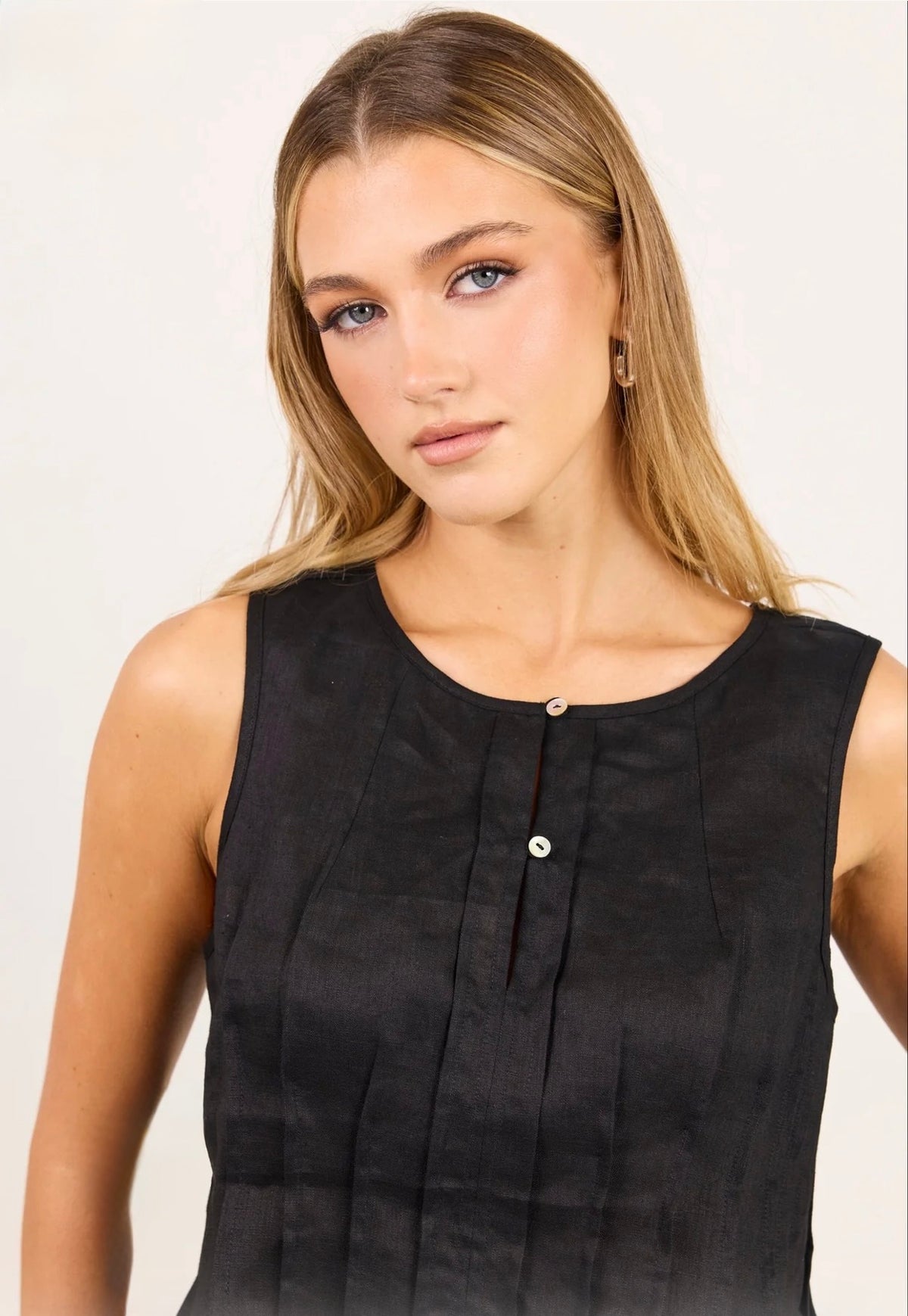 Encourage Black Linen Pintuck Front Boatneck Top
