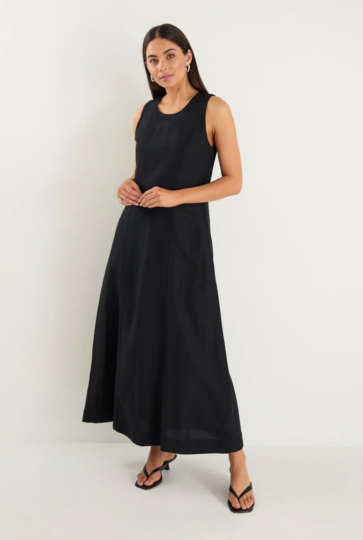 Easygoing Black Linen Blend Sleeveless Crew Neck Midi Dress