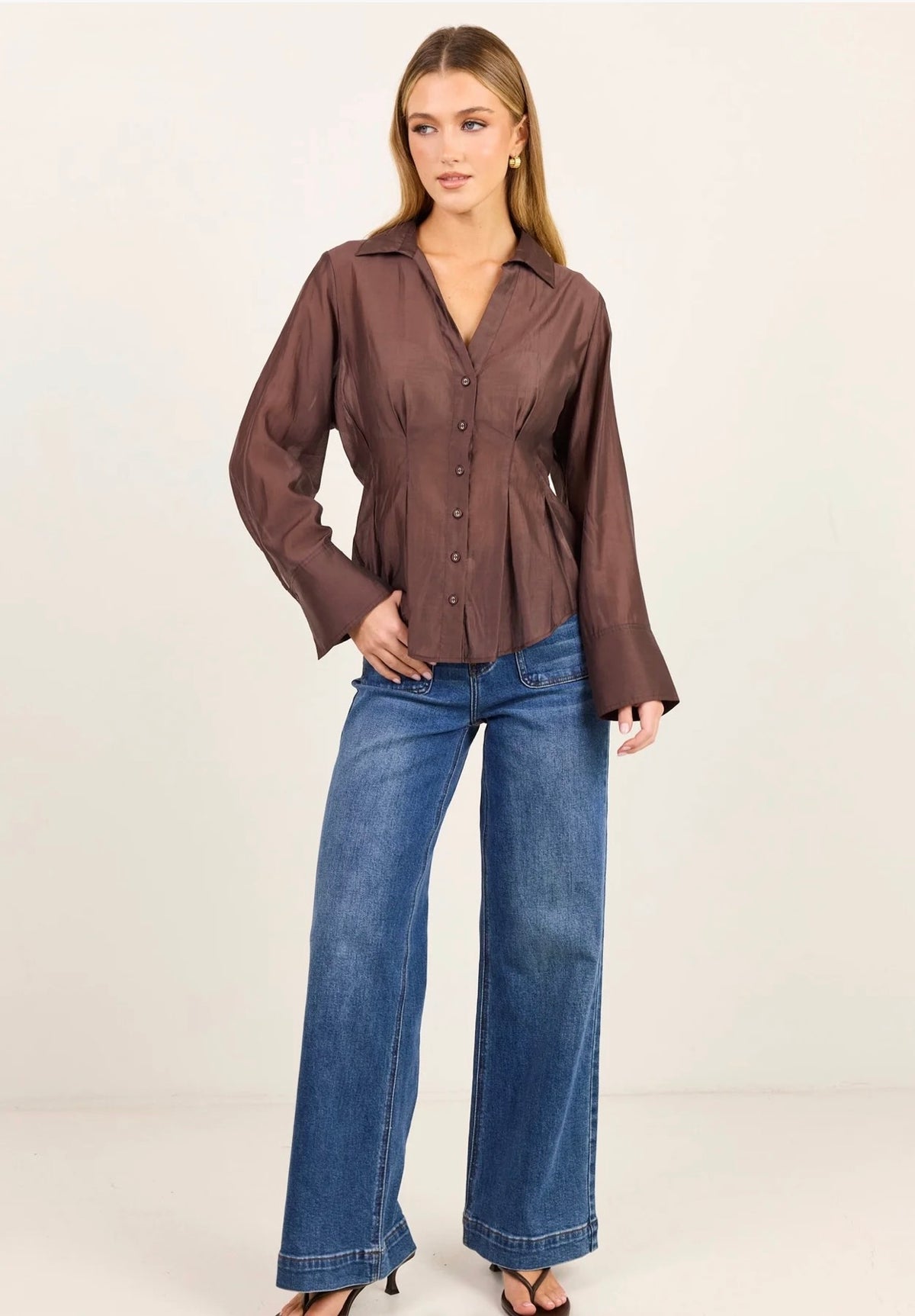 Sundial Chocolate Semi Sheer Corset Detail Waist Shirt